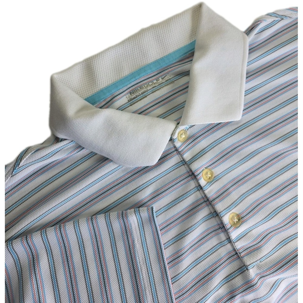 Nike Golf Polo Shirt White TEAL Stripes Dri Fit Short Sleeve Vented XXL